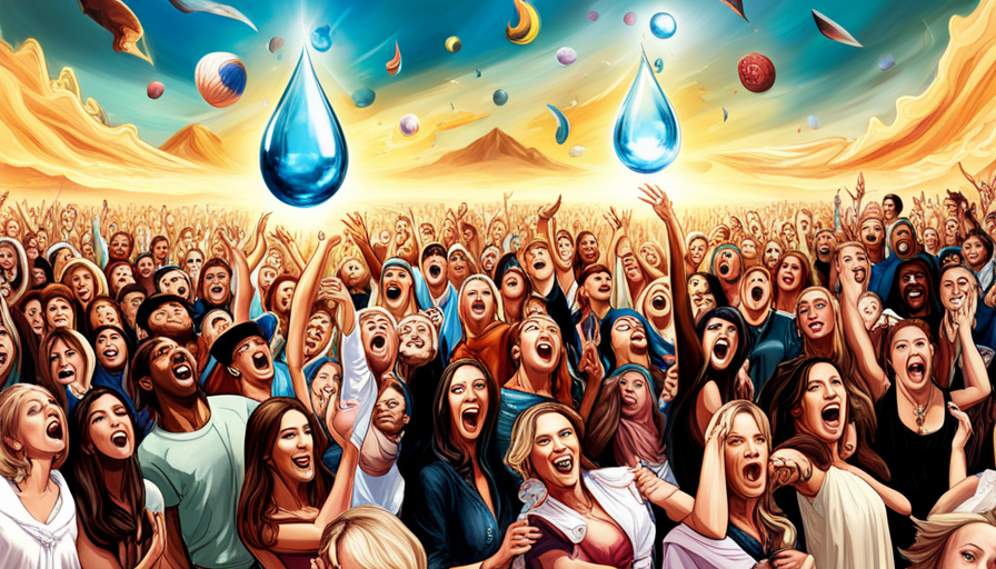 An image featuring a crowd of people in awe, as a gigantic water droplet plummets from the sky