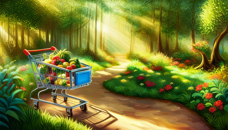An image showcasing a vibrant shopping cart with items inside, left on a pathway amidst lush greenery