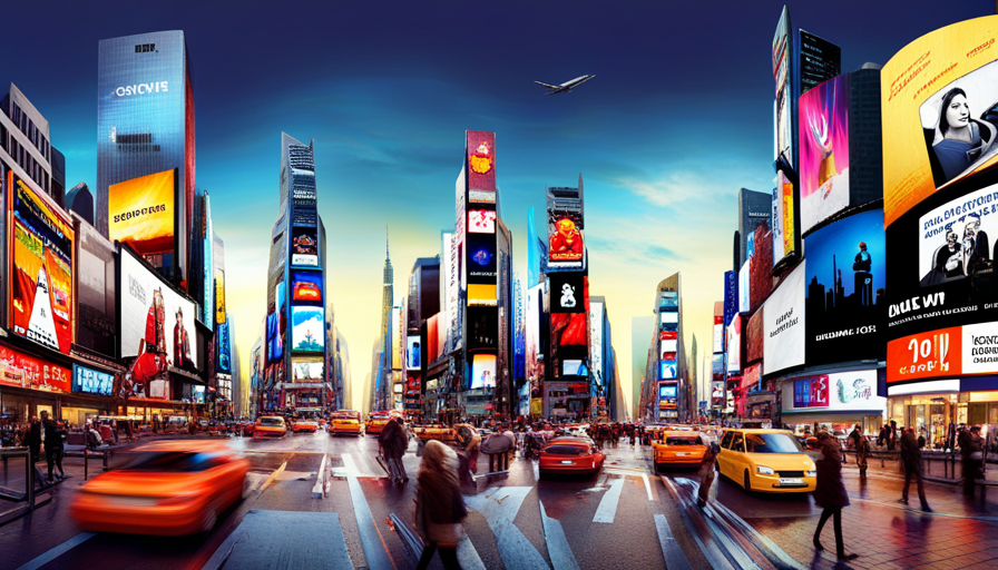 An image depicting a bustling cityscape, with multiple billboards and digital screens showcasing diverse products