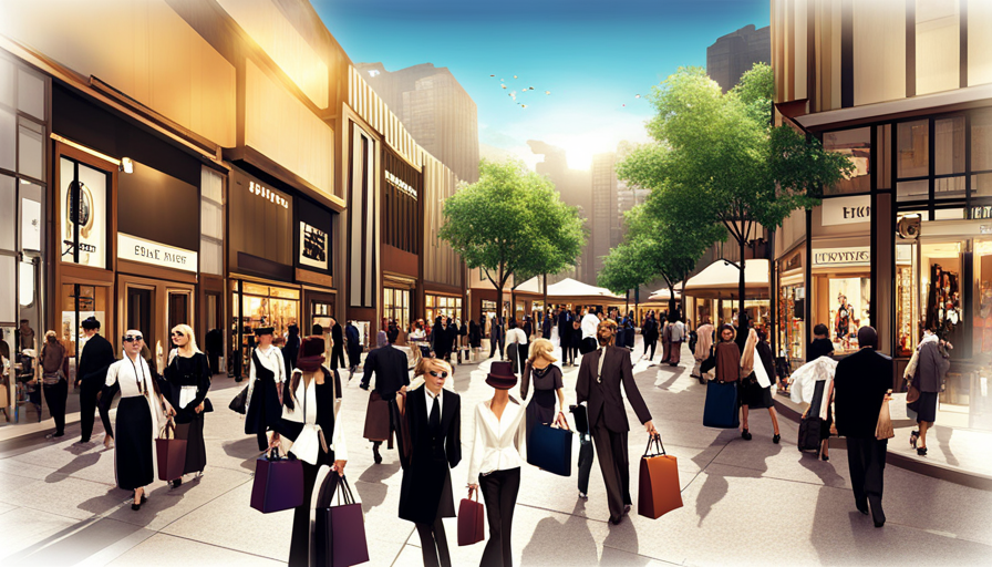 An image depicting a stylish, upscale shopping district, bustling with shoppers carrying luxury bags from renowned brands, surrounded by high-end boutiques and elegant storefronts, showcasing the affluent consumer's discerning taste and preferences