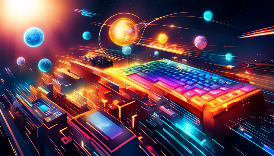 An image depicting a futuristic keyboard with vibrant holographic keys, surrounded by floating icons representing diverse blog topics