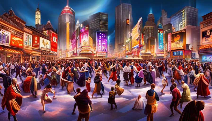 An image showcasing a bustling city square filled with a diverse crowd of people, meticulously choreographed, mid-dance, with colorful costumes, dazzling lights, and infectious energy, capturing the essence of an unforgettable flash mob