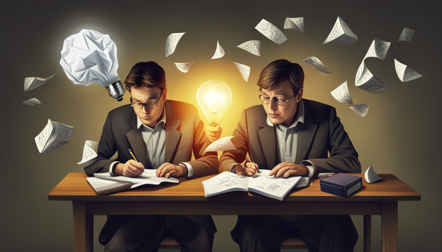 An image showcasing a perplexed person studying a crumpled paper filled with complex mathematical equations, while a light bulb hovers above their head, symbolizing the moment of understanding and the solution to formula parse errors