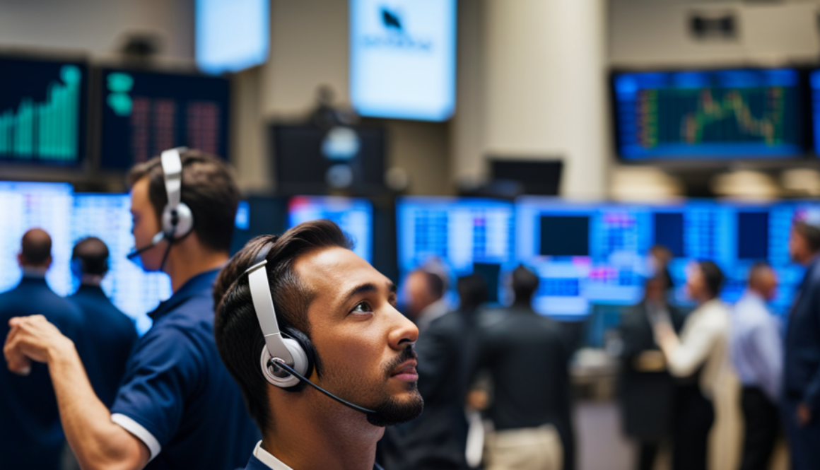 An image showcasing a bustling trading floor with traders wearing headsets, monitors displaying real-time stock prices, and iconic Nasdaq tower in the background, symbolizing the cutting-edge technology powering the stock exchange