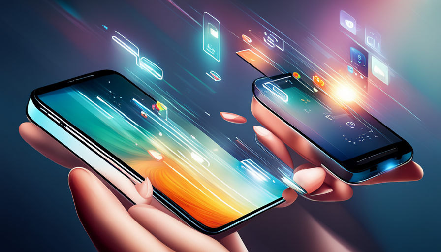 An image showcasing a modern smartphone with a sleek interface displaying vibrant icons and smooth transitions, surrounded by a user's hand effortlessly navigating through intuitive menus and engaging with captivating content
